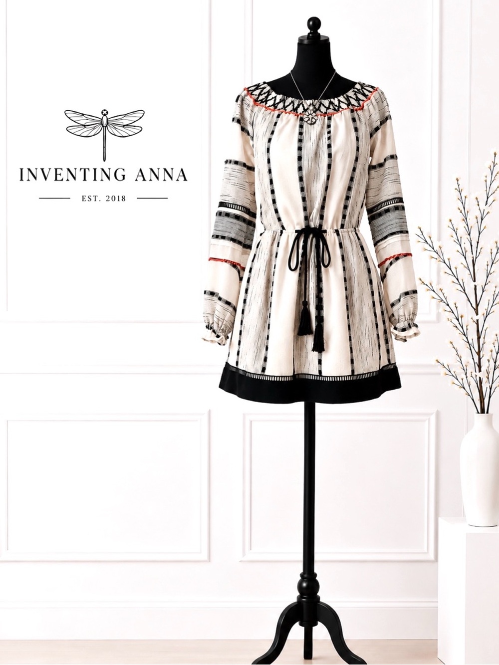 Adelyn Rae Cream Black Orange Boho Drawstring Romper Long Sleeve size S